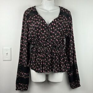 NWT En/kay Boho Peplum Elegant Black and Pink Blouse with Floral Design